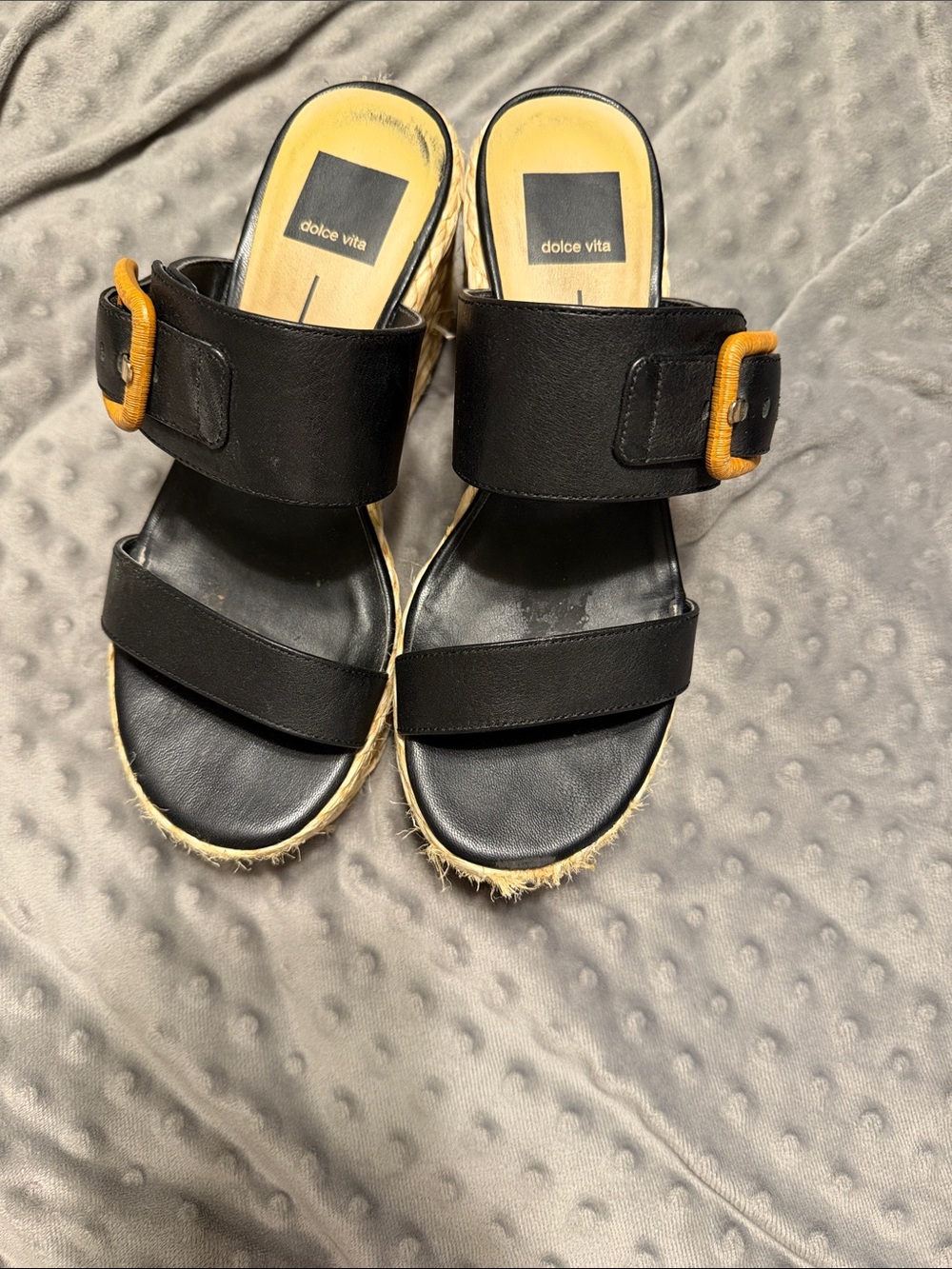 Dolce Vita Black Leather Espadrille Slide Sandals with Tan Buckles